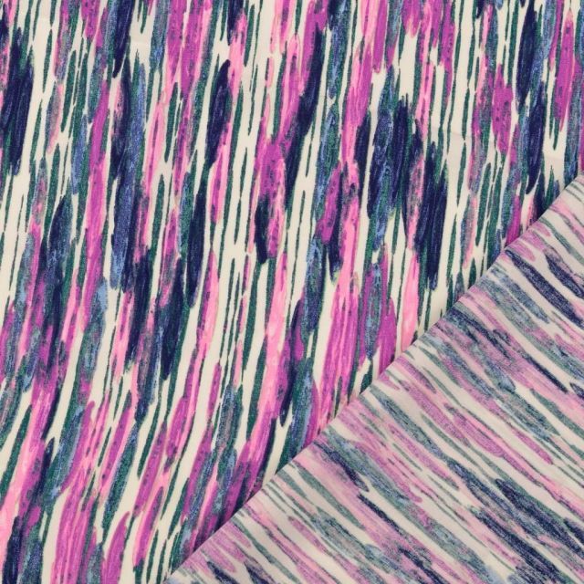 Viscose Poplin printed with vertical brush stripes purple/pink/blue