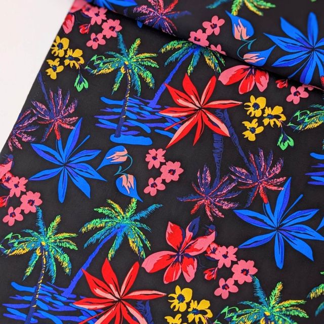 Palm Trees and Hibiscus Flowers on Black "Raya" Viscose Challis