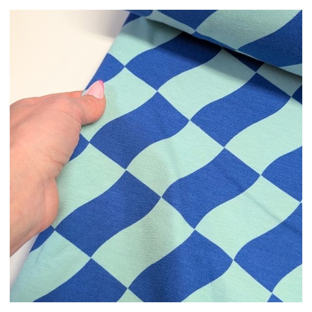 Wavy Checks Blue/Mint - Soft Sweat Fabric