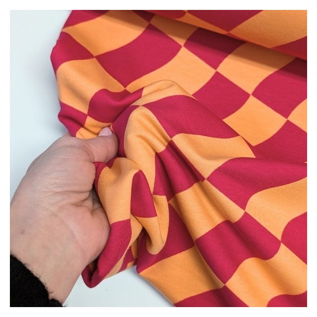 Wavy Checks Magenta/Peach - Soft Sweat Fabric