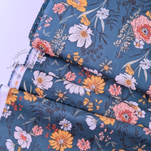 Woodland and Wildflowers by Fancy That Design Studio for Moda Fabric - Wildflowers on Teal - 100% Cotton (Per 1/2m)