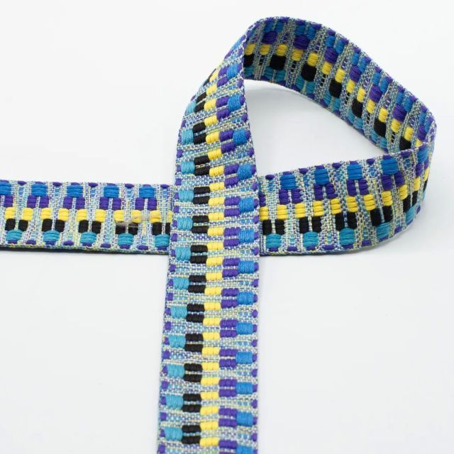 Zigzag Multi Color Webbing   - 40mm Strapping - Blue  /  Yellow col.104