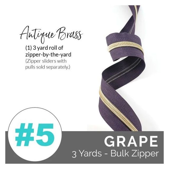 Emmaline Zippers (3 yard pack) - Size #5 - Grape Tape  / Antique Brass Coil