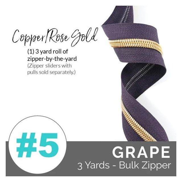 Emmaline Zippers (3 yard pack) - Size #5 - Grape Tape  / Rose Gold Coil