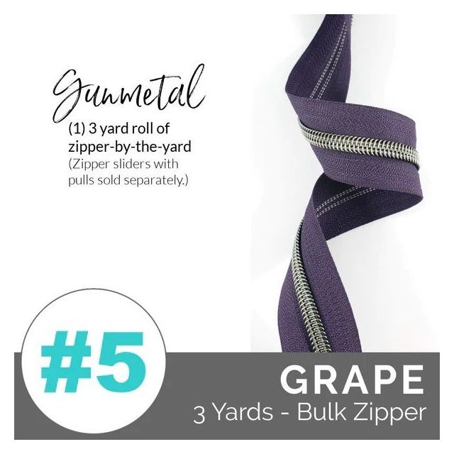 Emmaline Zippers (3 yard pack) - Size #5 - Grape Tape  / Gunmetal Coil