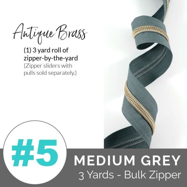 Emmaline Zippers (3 yard pack) - Size #5 - Midium Grey Tape /Antique Brass Coil