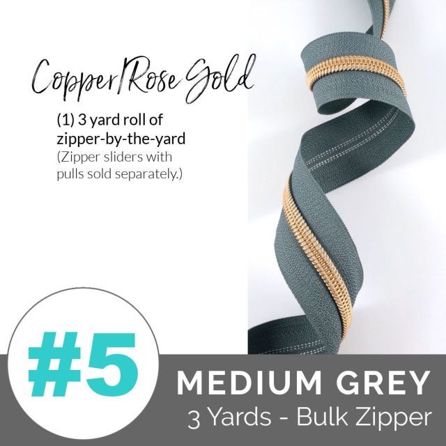 Emmaline Zippers (3 yard pack) - Size #5 - Midium Grey Tape  /Rose Gold (Copper) Coil