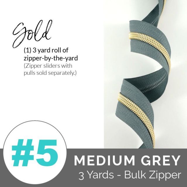 Emmaline Zippers (3 yard pack) - Size #5 - Midium Grey Tape / Light Gold Coil