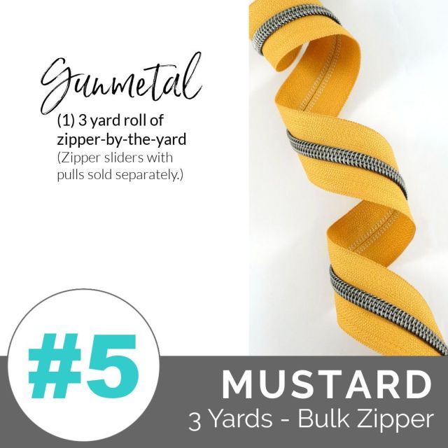 Emmaline Zippers (3 yard pack) - Size #5 - Mustard Tape  / Gunmetal Coil