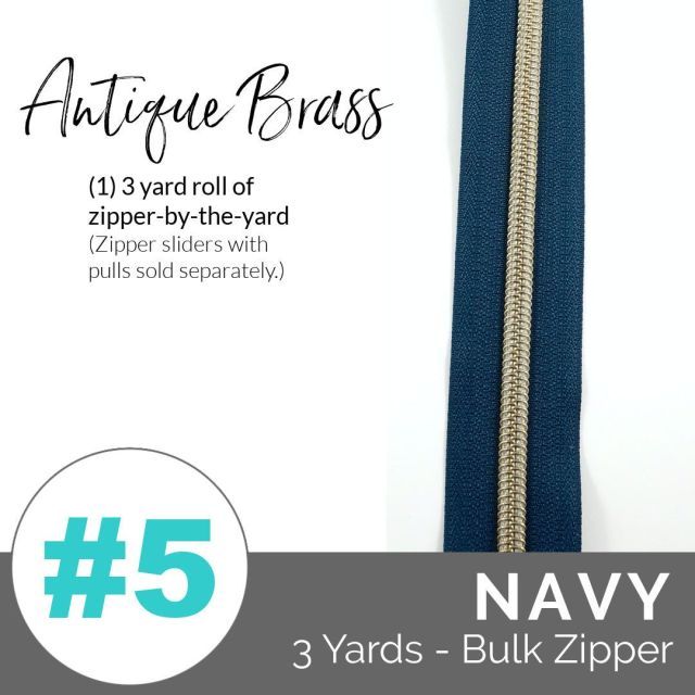 Emmaline Zippers (3 yard pack) - Size #5 - Navy Tape  / Antique Brass Coil