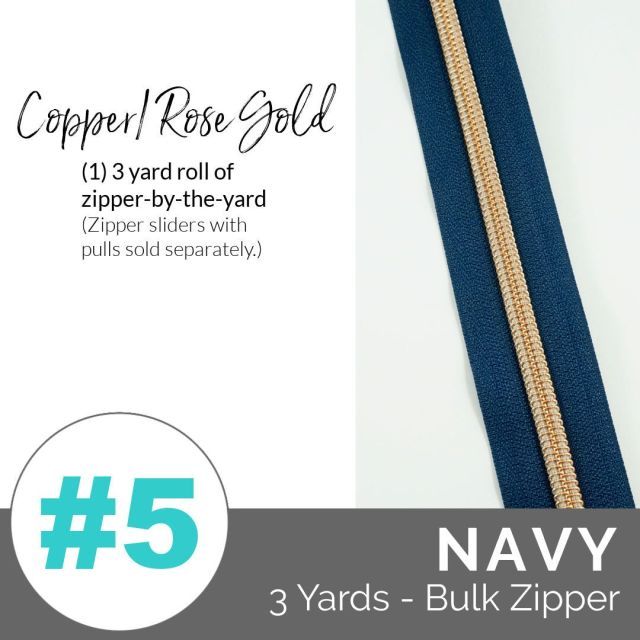 Emmaline Zippers (3 yard pack) - Size #5 - Navy Tape  / Rose Gold (Copper) Coil