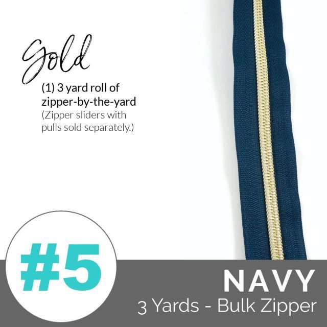 Emmaline Zippers (3 yard pack) - Size #5 - Navy Tape  / Light Gold Coil