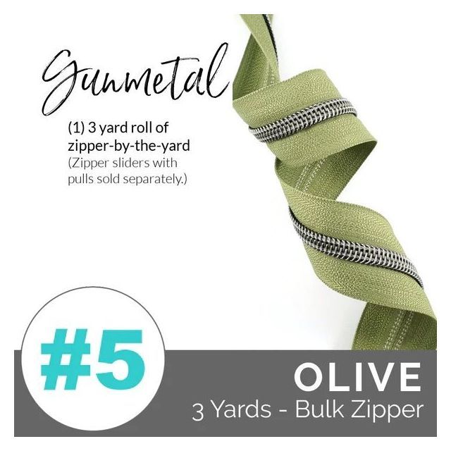 Emmaline Zippers (3 yard pack) - Size #5 - Olive Tape  / Gunmetal Coil