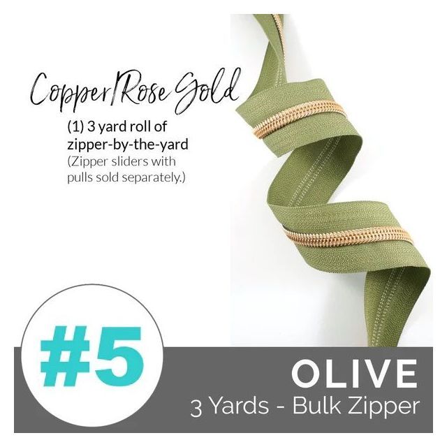 Emmaline Zippers (3 yard pack) - Size #5 - Olive Tape  / Rose Gold ( Copper )Coil