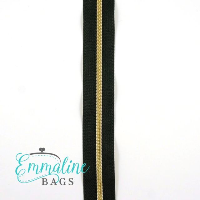 Emmaline Zippers (3 yard pack) - Size #3 - Black Tape  / Gold Coil