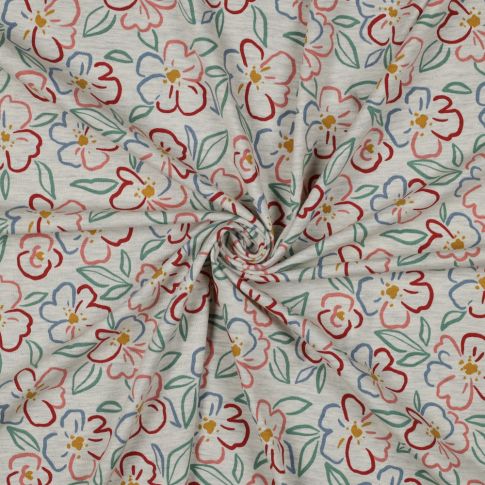 Cotton Jersey Fabric - Flower Outlines Coral/Green on Light Grey Melange