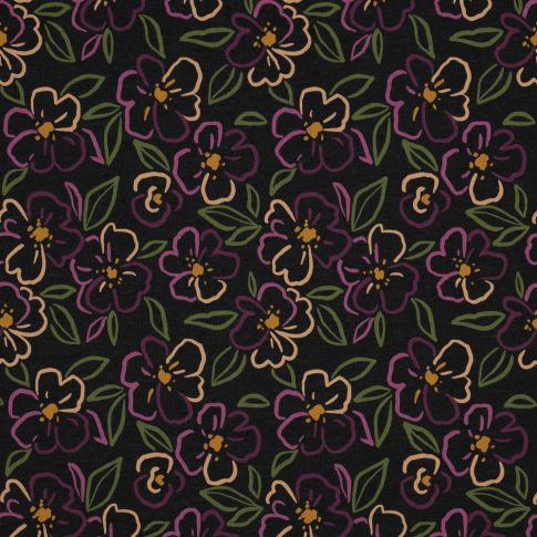 Cotton Jersey Fabric - Flower Outlines Purple/Green on Charcoal Melange