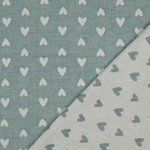Double Gauze - Jacquard Weave Hearts in Green