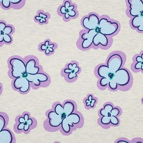 Cotton Jersey Fabric - Blue and Purple Flowers on Ecru Melange