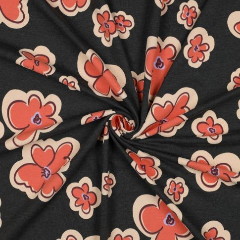 Cotton Jersey Fabric - Coral and Sand Flowers on Charcoal