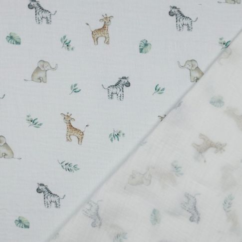 Double Gauze - Cute Safari Animals on white 100% Organic Cotton