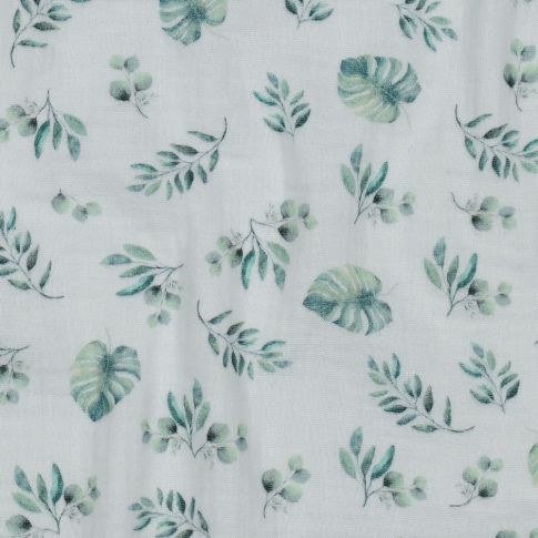 Double Gauze - Small Scale Leaves on White 100% Organic Cotton