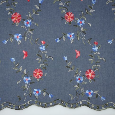 BOLT END - 225 CM - Chambray Denim Blue with Red and Blue Flower Embroidery and Scalloped Edge