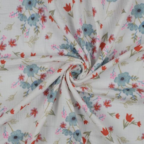BOLT END - 250 CM - Double Gauze white with floral print 