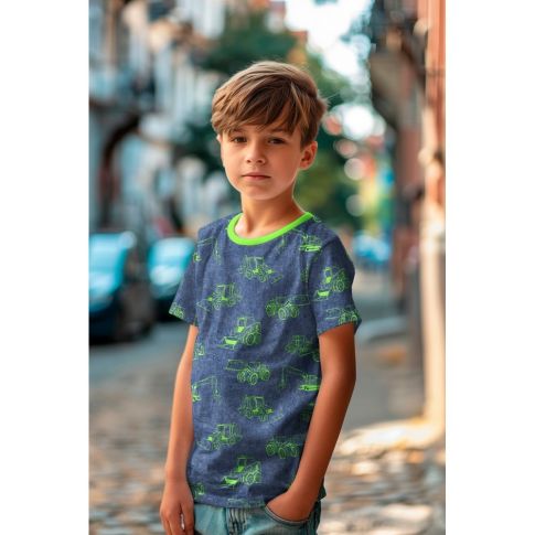 Cotton Jersey Fabric - Construction Vehicles Green on Blue
