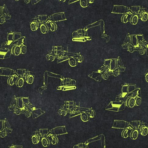 Cotton Jersey Fabric - Construction Vehicles Yellow on Grey