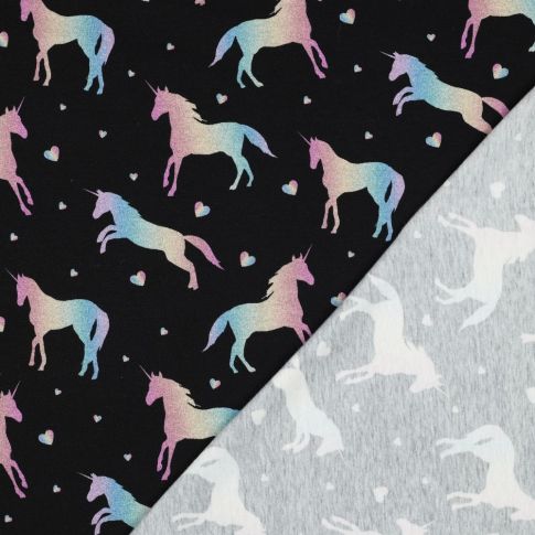 Cotton Jersey Fabric - Rainbow Unicorns and Hearts on Black