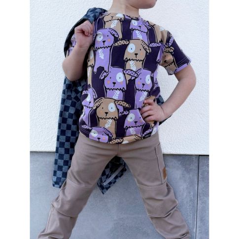 BOLT END - 120 CM - Cotton Jersey Fabric - Dogs on Dark Purple