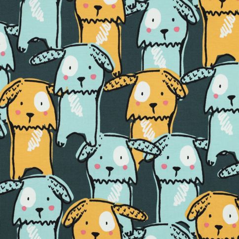 Cotton Jersey Fabric - Mint and Yellow Dogs on Green
