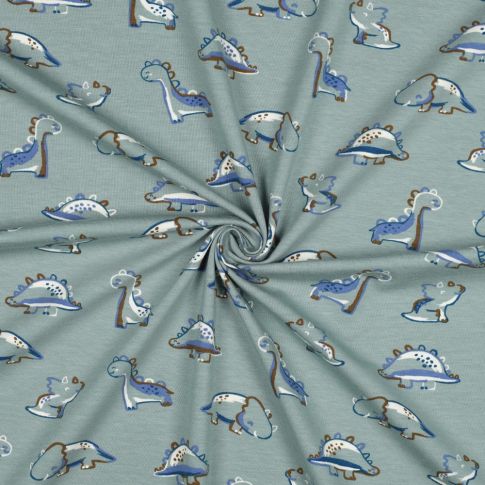 Organic Cotton Jersey Fabric - Little Dinos on Sage