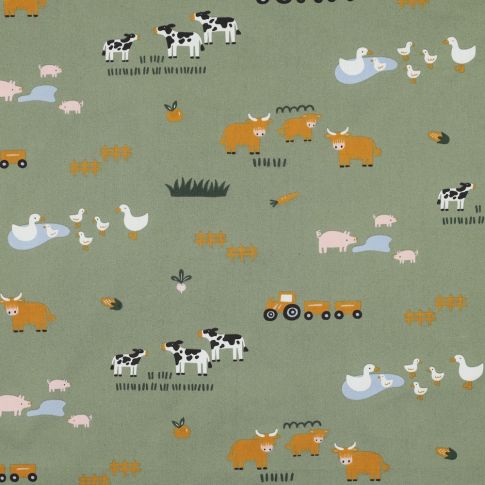 Fine Cotton Poplin - Farm Animals on Green