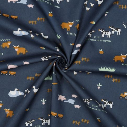 Fine Cotton Poplin - Farm Animals on Blue