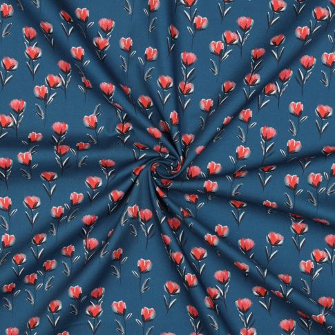Fine Cotton Poplin - Red Tulips on Blue