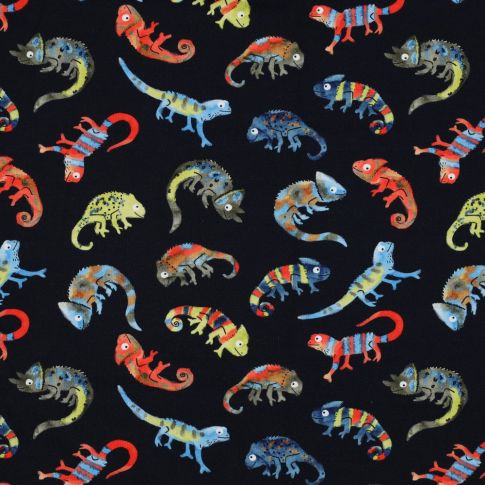 Cotton Jersey Fabric - Chameleon on Dark Blue