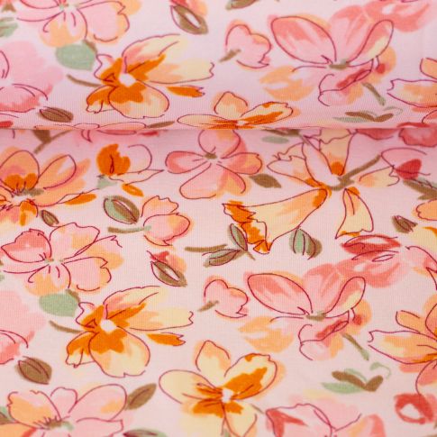 BOLT END - 120 CM - Cotton Jersey - Floral Outlines on Pink - by Swafing