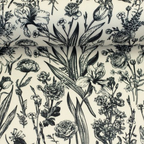 Viscose Satin with Stretch - Floral Toile Print Black/Creme