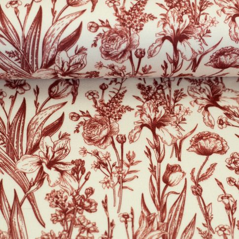 Viscose Satin Fabric toile print with flowers in dark red on off white