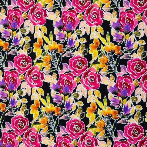 Cotton Jersey "Silk Print Look" Flowers on Dark Background