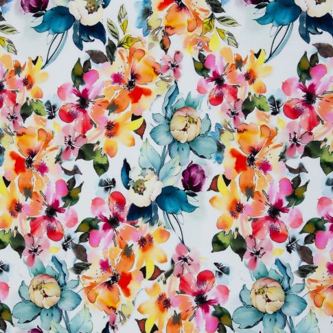 Cotton Jersey Tropical Flower Print on White