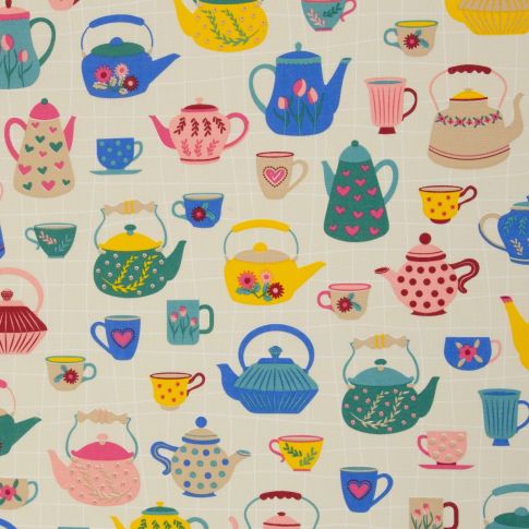 Cotton Canvas Fabric - Tea Ware on Linen Look