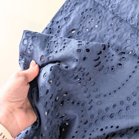 Eyelet Cotton with Floral Embroidery Design - Denim Blue