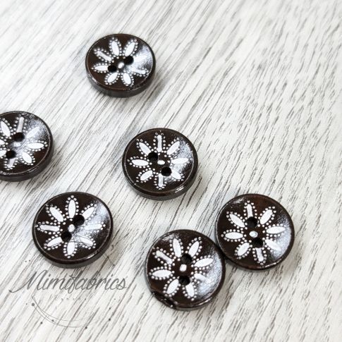 15 mm Wood Button - Laquered with white flower print - 2 Holes - 1pcs