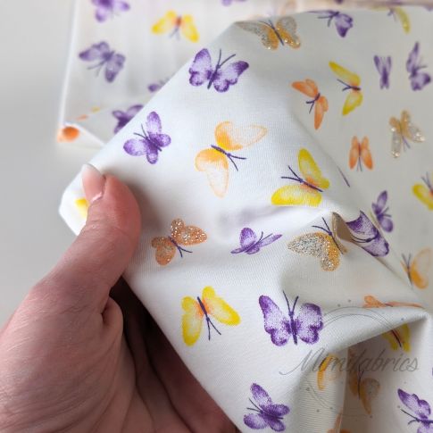 BOLT END - 150 CM - Butterflies with Sparkles on Jersey - White