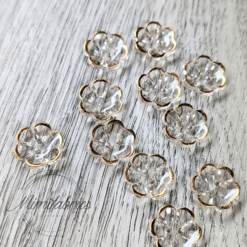 15 mm Resin Button - Clear Flower with Gold Rim - 2 Holes - 1pcs