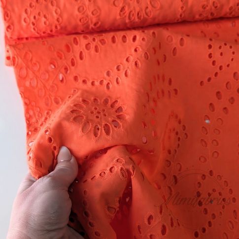 Eyelet Cotton with Floral Embroidery Design - Coral Orange