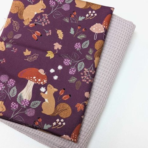 Oven Towel Bundle - "Squirreled Away" Squirrels Plum Cotton / Lilac Mini Waffle Cotton